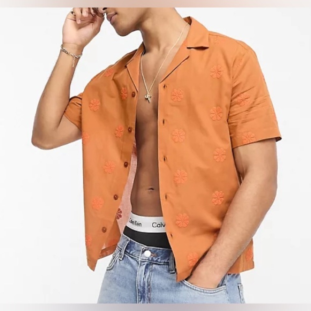 NEW - ASOS River Island short sleeve revere embroidery shirt in rust. X-Large
